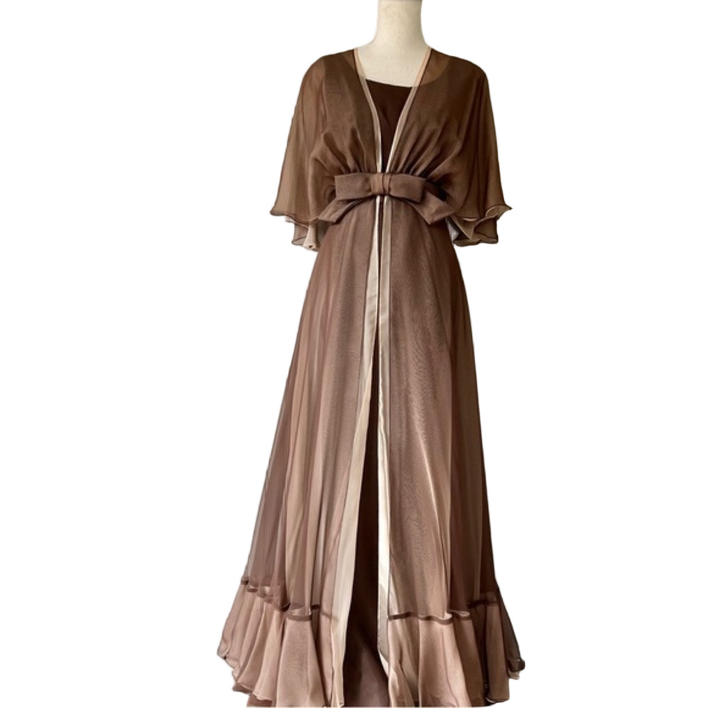Vintage 70’s Glam Chiffon Bow Front Whimsical Maxi Dress Brown Tan 2 Piece Dress